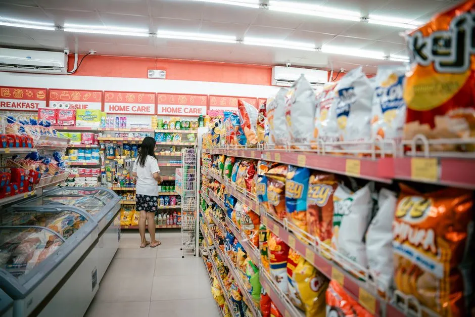 Shopper standing at the end of a supermarket aisle